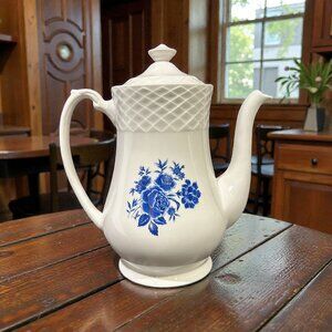Vintage Wedgwood Blue Rose Teapot with Floral Design, Cottagecore Tea Pot